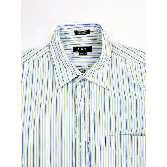 J. Crew Size Small 14-14.5 Mens White Green Blue Stripe Long Sleeve Cotton Shirt - Picture 1 of 9
